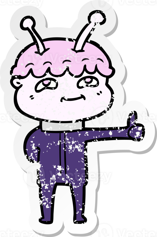 distressed sticker of a friendly cartoon spaceman png