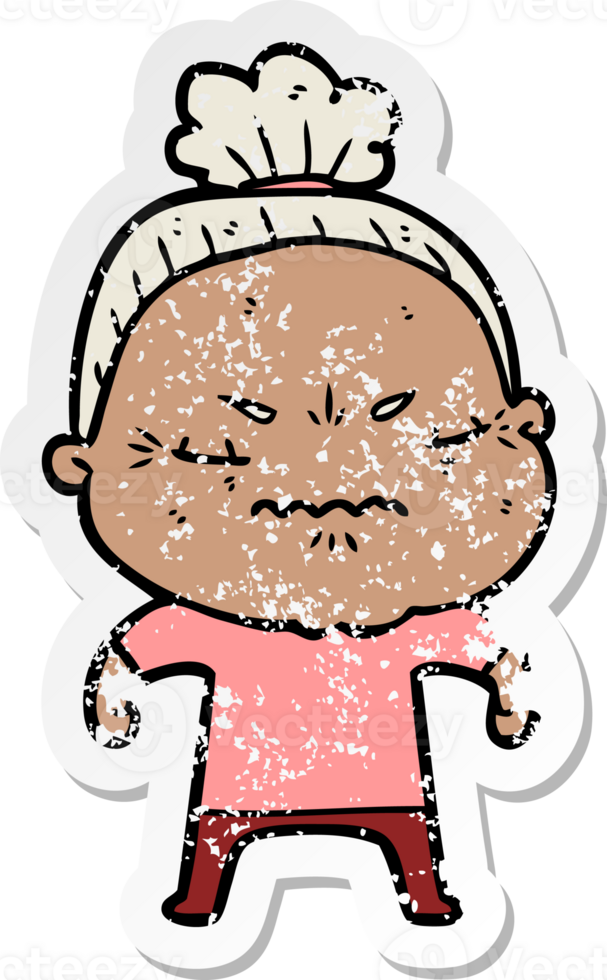distressed sticker of a cartoon annoyed old lady png