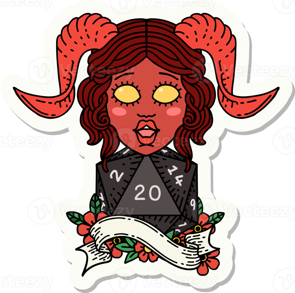 sticker of a tiefling with natural twenty dice roll png