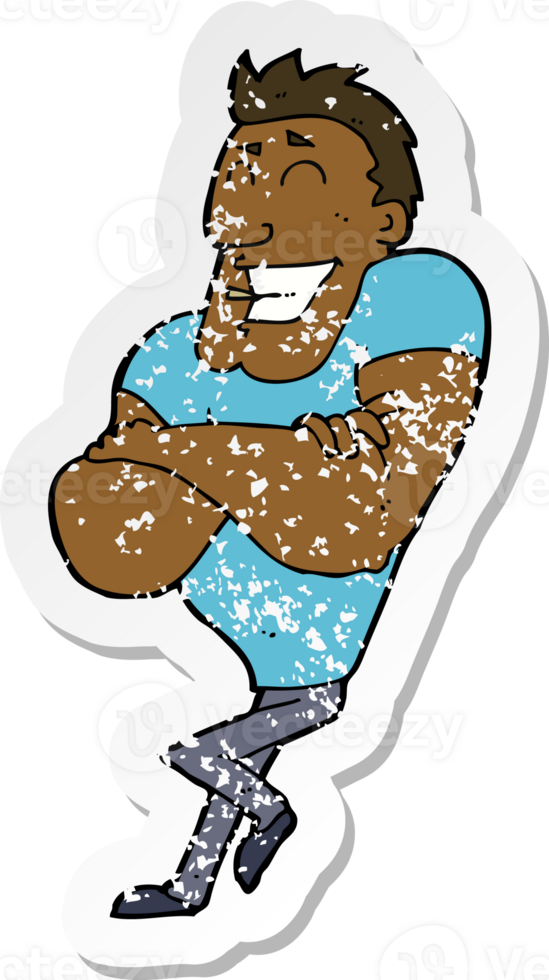 retro distressed sticker of a cartoon muscle guy png