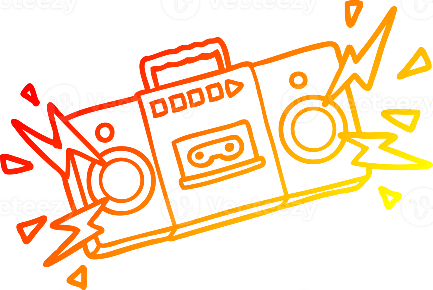 warm gradient line drawing of a retro cartoon tape cassette player blasting out old rock tunes png