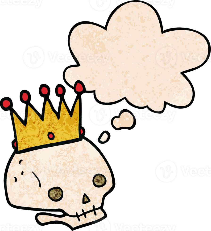 cartoon skull with crown with thought bubble in grunge texture style png