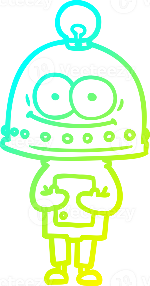 cold gradient line drawing of a happy carton robot with light bulb png