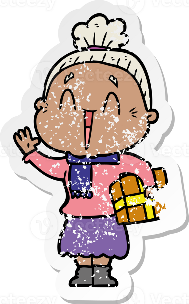 distressed sticker of a cartoon happy old lady png