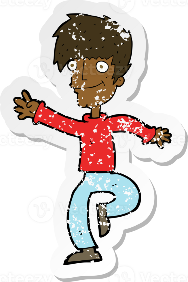 retro distressed sticker of a cartoon happy man dancing png