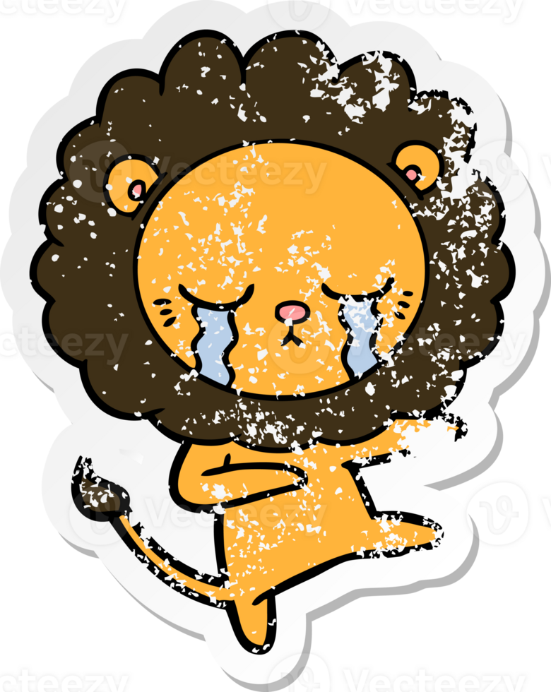 distressed sticker of a crying cartoon lion png