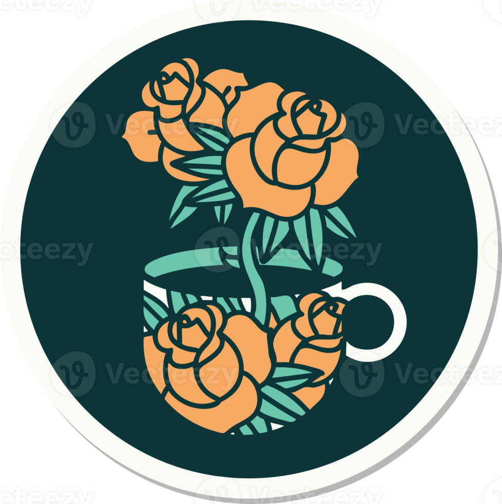 sticker of tattoo in traditional style of a cup and flowers png