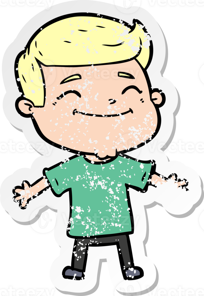 distressed sticker of a happy cartoon man with open arms png