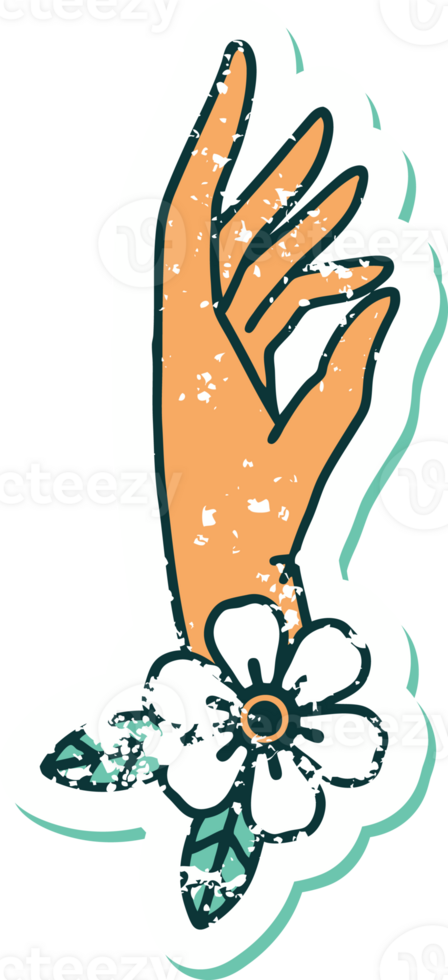 iconic distressed sticker tattoo style image of a hand and flower png
