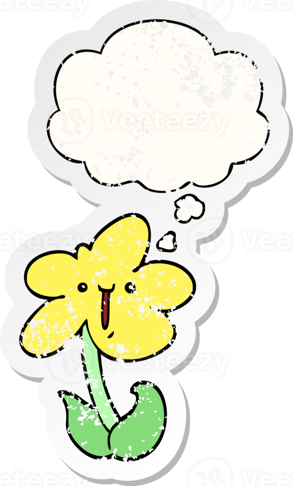 cartoon flower with thought bubble as a distressed worn sticker png