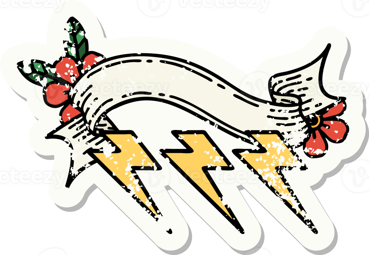 worn old sticker with banner of lighting bolts png