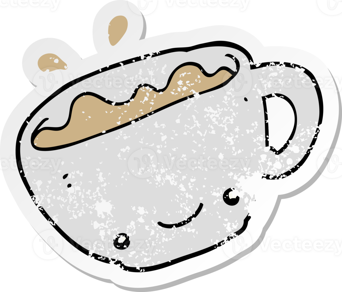 distressed sticker of a cartoon cup of coffee png