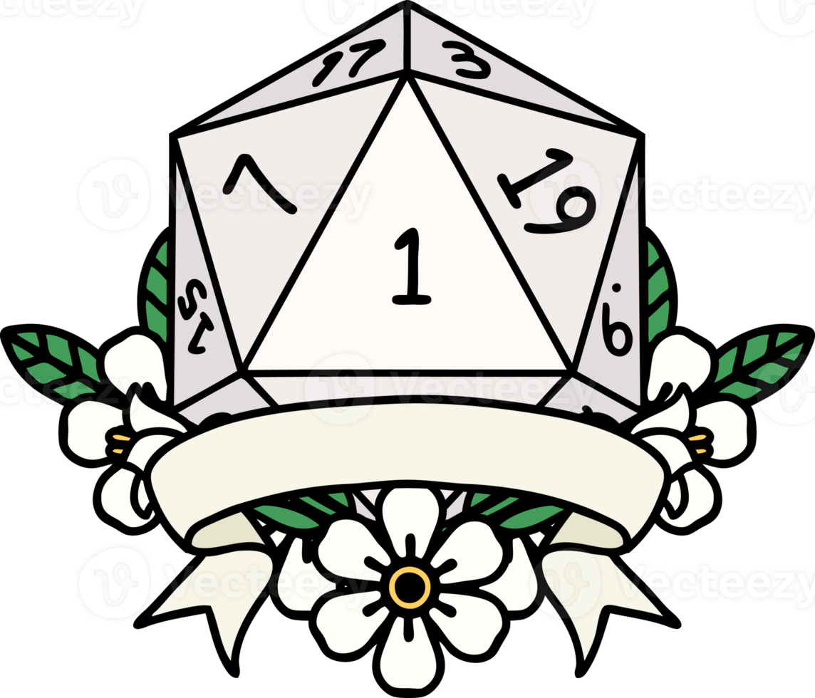 Retro Tattoo Style natural one d20 dice roll png