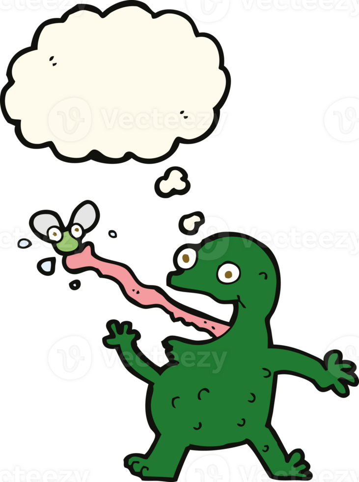 cartoon frog catching fly with thought bubble png