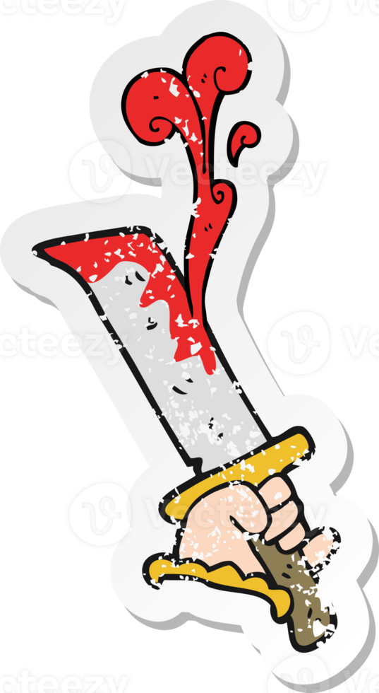 retro distressed sticker of a cartoon hand with bloody dagger png