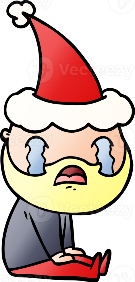 hand drawn gradient cartoon of a bearded man crying wearing santa hat png