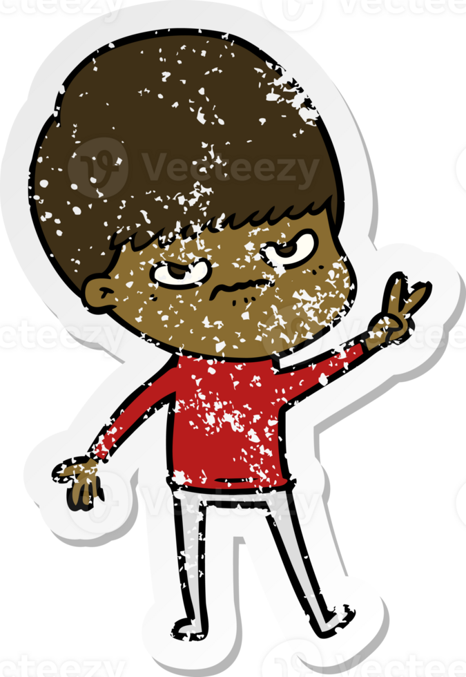 distressed sticker of a annoyed cartoon boy png