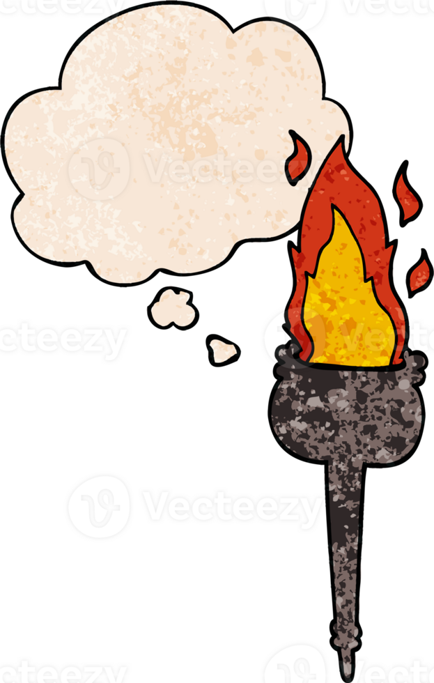 cartoon flaming chalice with thought bubble in grunge texture style png