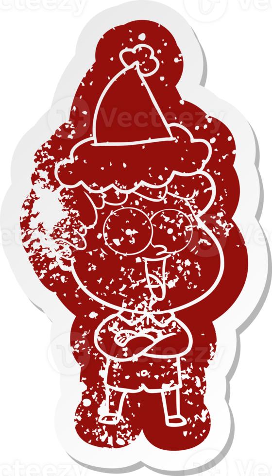 quirky cartoon distressed sticker of a happy man wearing santa hat png