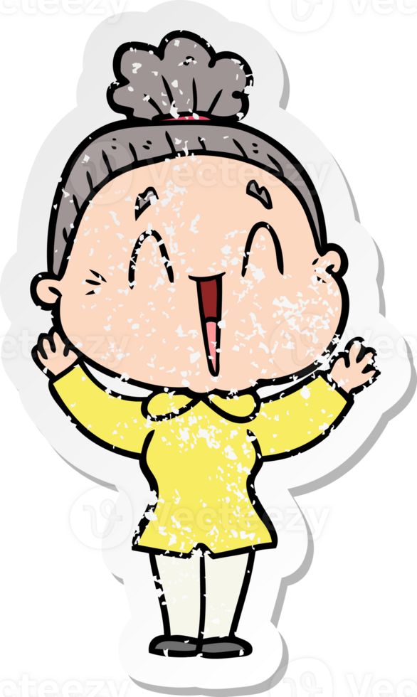 distressed sticker of a cartoon happy old lady png