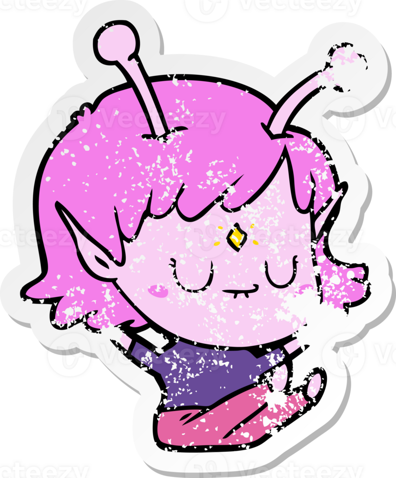distressed sticker of a cartoon alien girl png