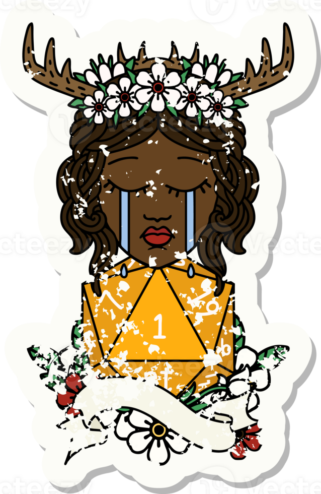 Retro Tattoo Style crying human druid with D20 natural one roll png