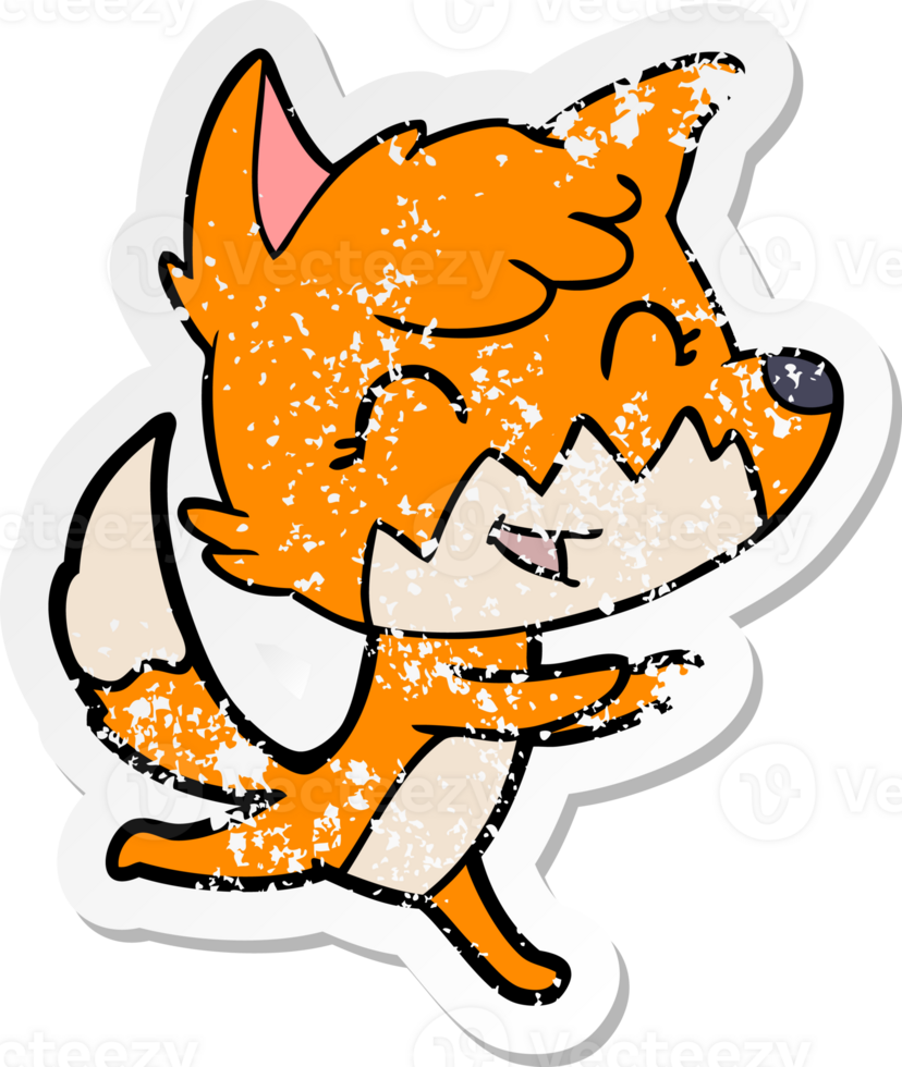 distressed sticker of a happy cartoon fox png