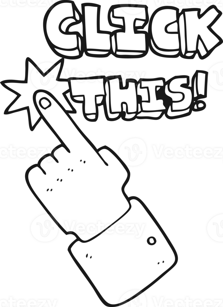 hand drawn black and white cartoon click this symbol with hand png