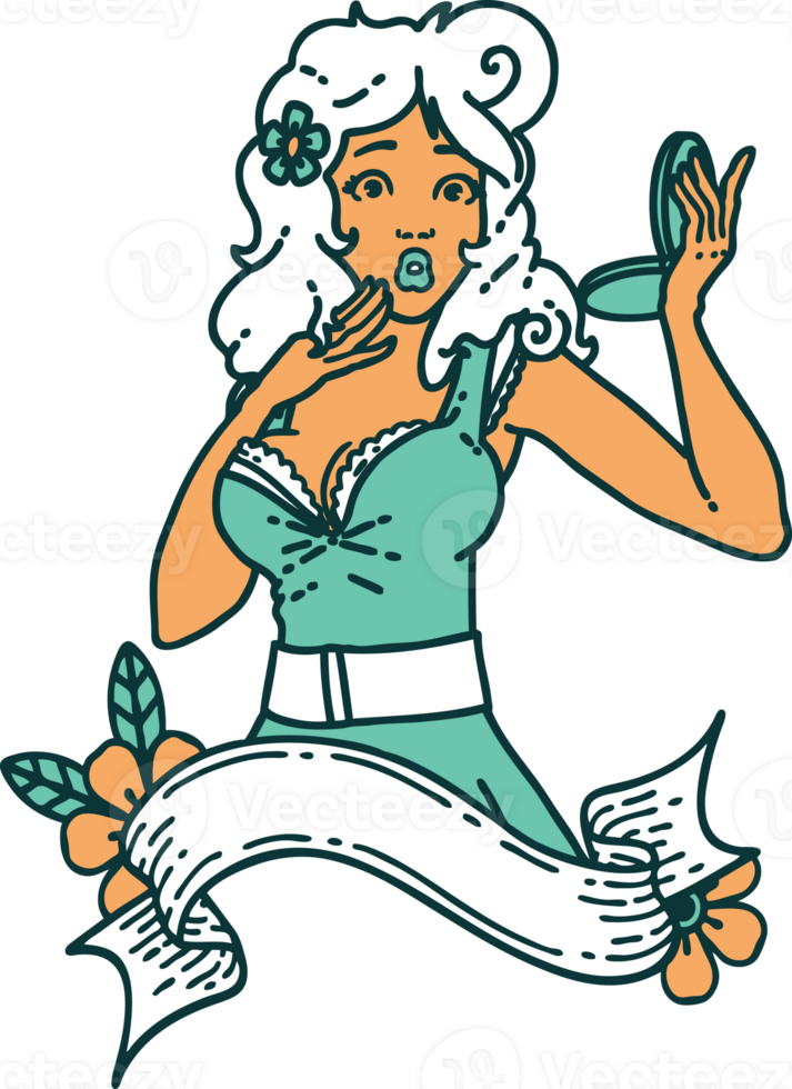 iconic tattoo style image of a pinup surprised girl with banner png