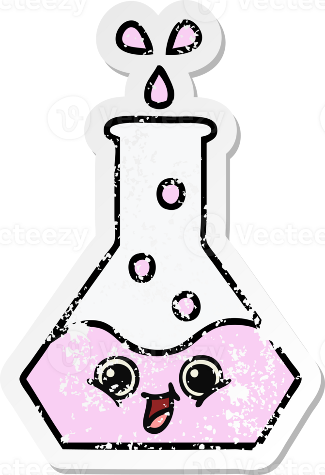 distressed sticker of a cute cartoon science beaker png