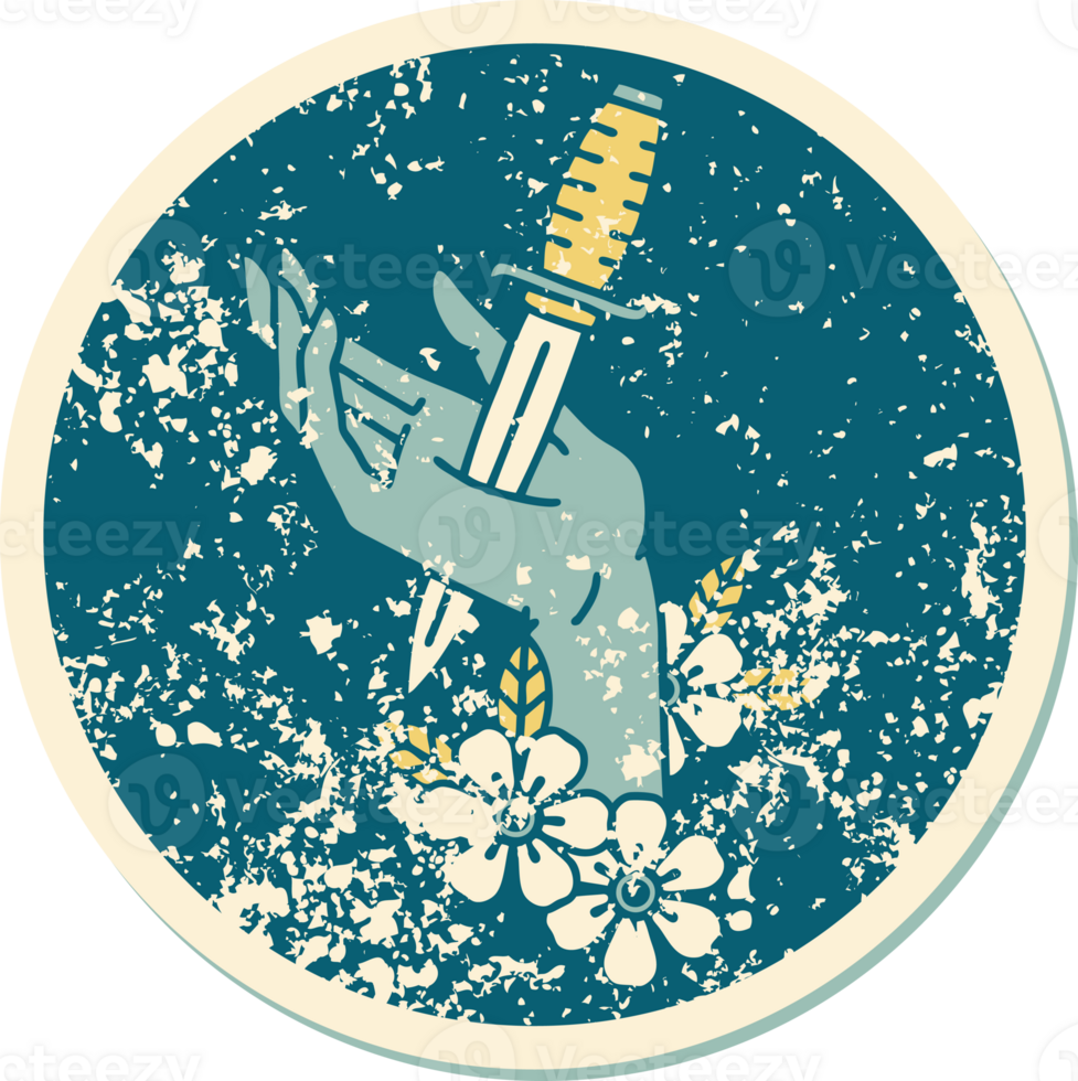 iconic distressed sticker tattoo style image of a dagger in the hand png