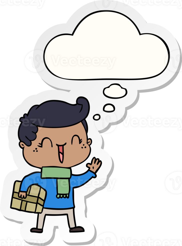 cartoon laughing boy with thought bubble as a printed sticker png