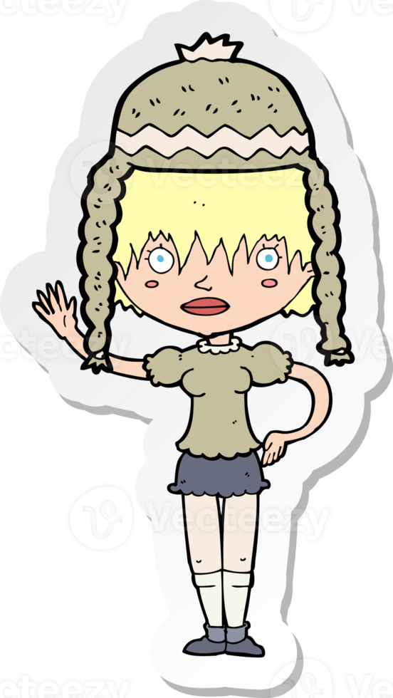 sticker of a cartoon woman wearing winter hat png