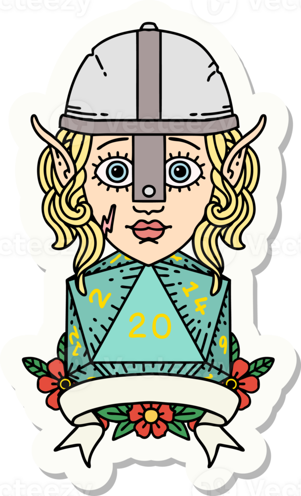 sticker of a elf fighter with natural 20 dice roll png