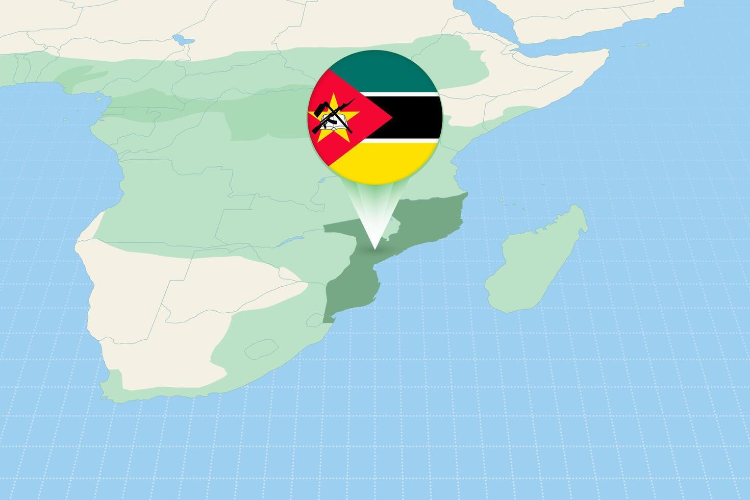 Map illustration of Mozambique with the flag. Cartographic illustration of Mozambique and neighboring countries. vector