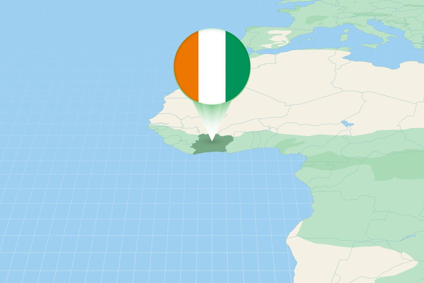 Map illustration of Ivory Coast with the flag. Cartographic illustration of Ivory Coast and neighboring countries. vector