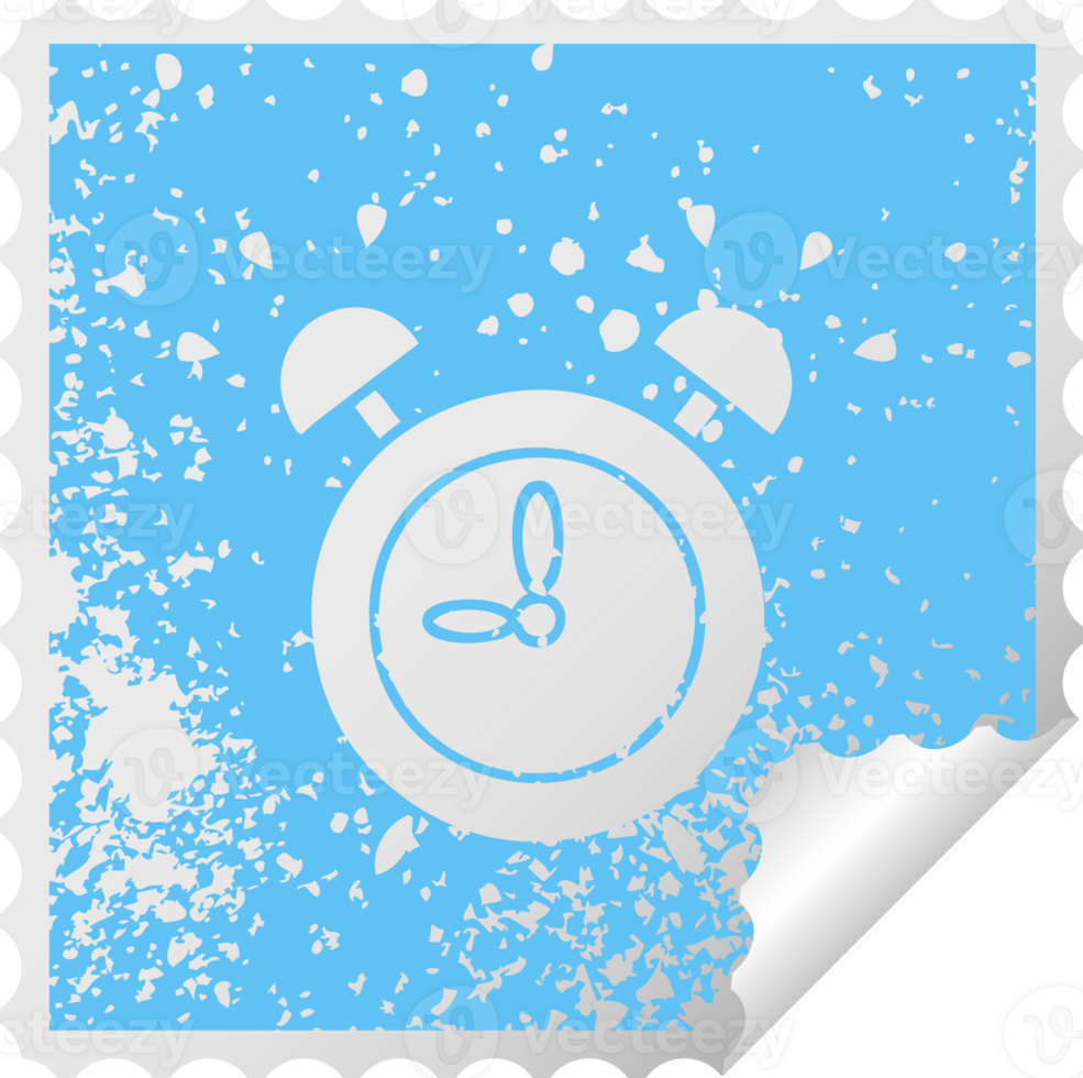 distressed square peeling sticker symbol of a ringing alarm clock png