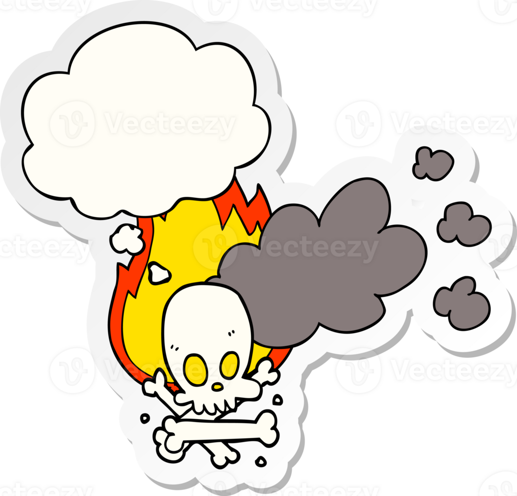 cartoon spooky burning bones with thought bubble as a printed sticker png