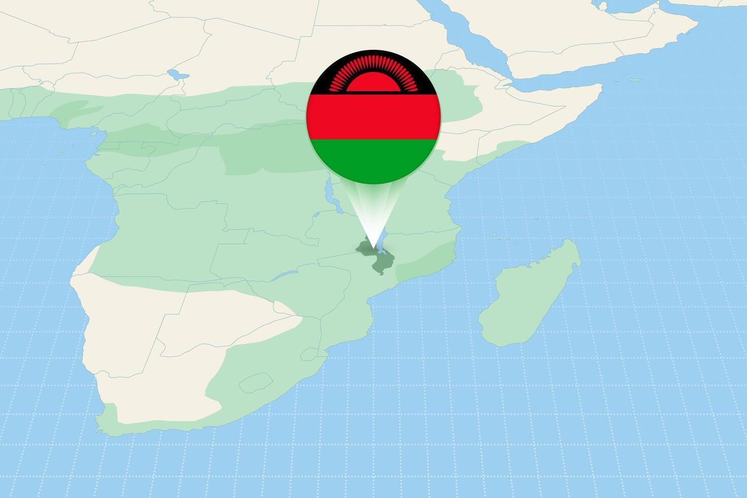 Map illustration of Malawi with the flag. Cartographic illustration of Malawi and neighboring countries. vector