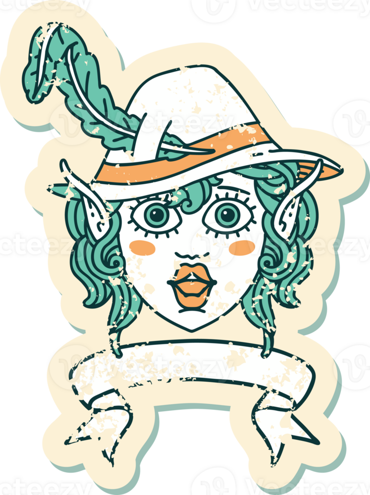 Retro Tattoo Style elf bard character face with banner png