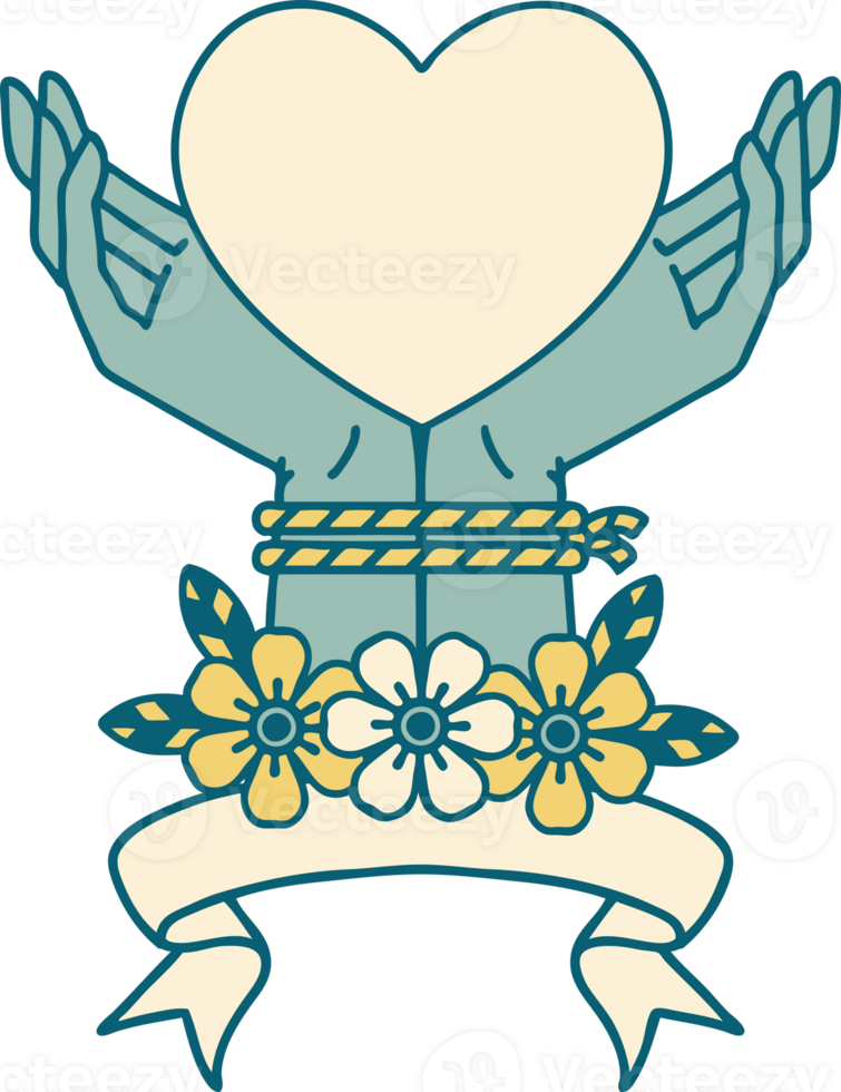 traditional tattoo with banner of tied hands and a heart png