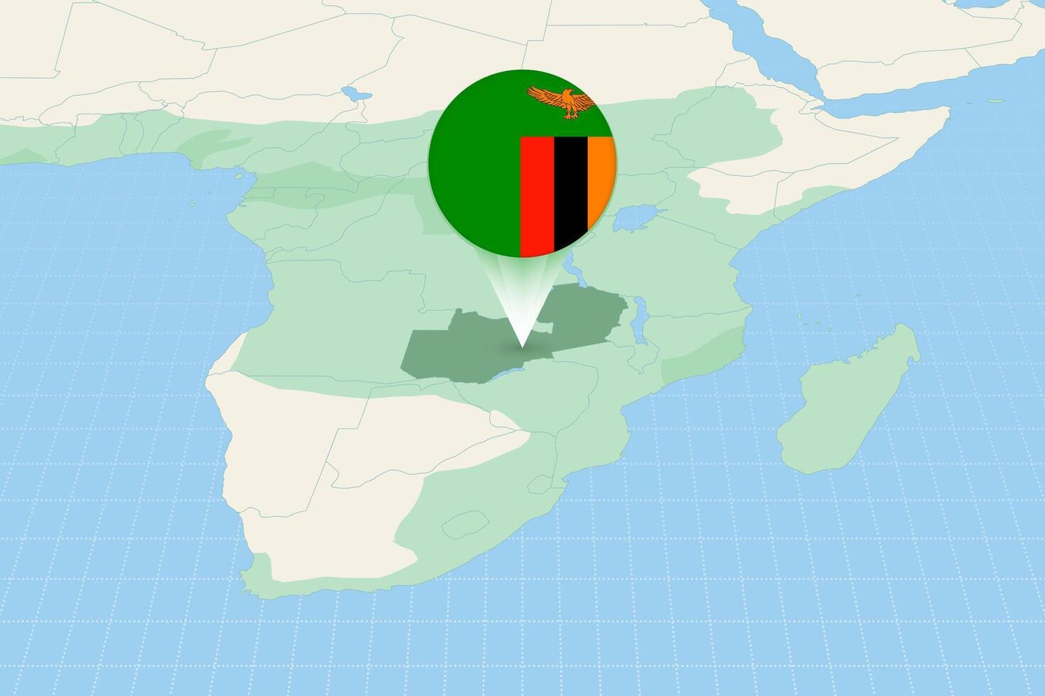 Map illustration of Zambia with the flag. Cartographic illustration of Zambia and neighboring countries. vector