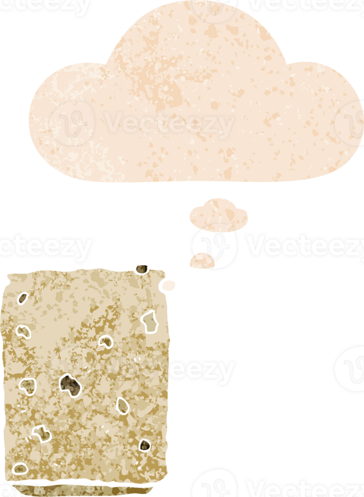 cartoon biscuit with thought bubble in grunge distressed retro textured style png
