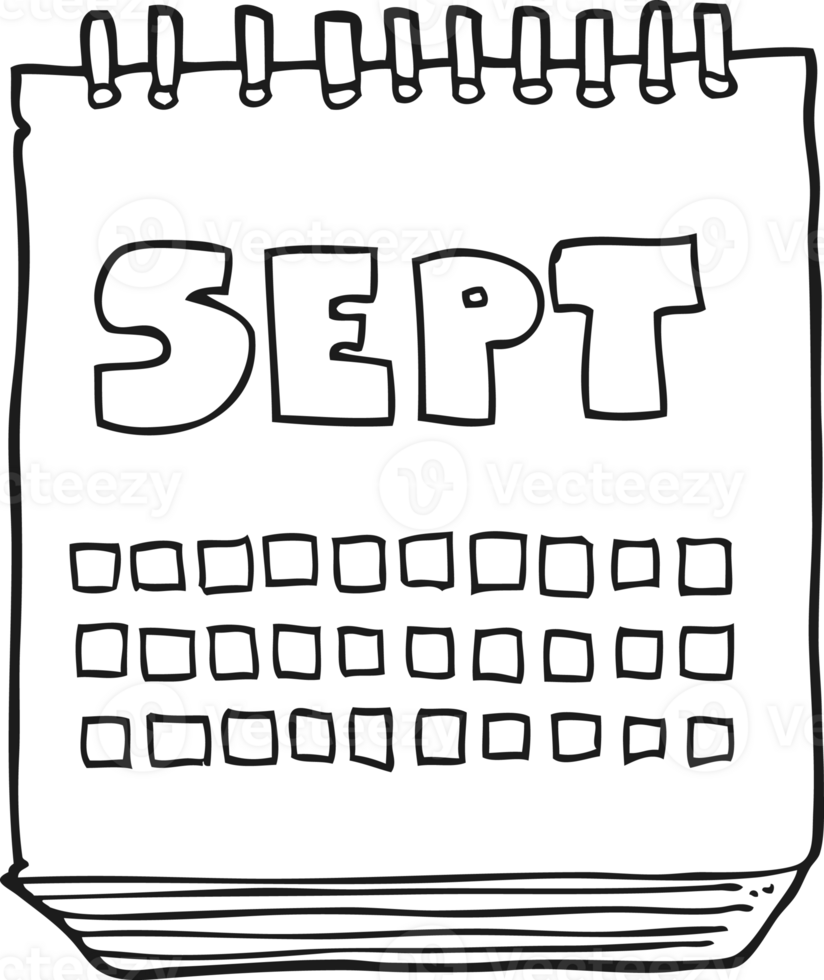 hand drawn black and white cartoon calendar showing month of September png