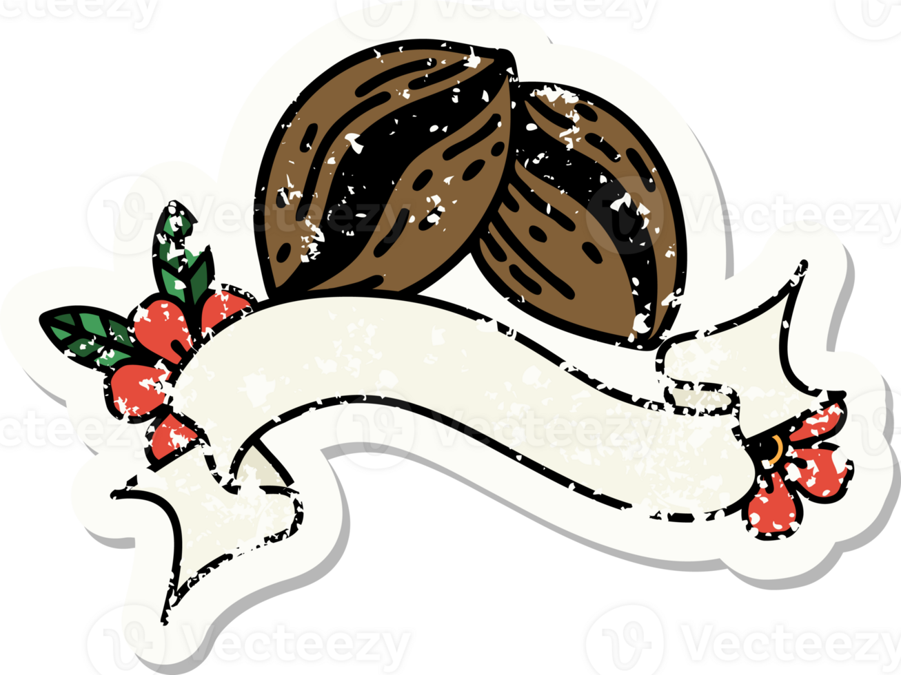 worn old sticker with banner of coffee beans png