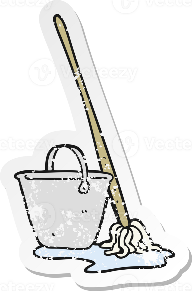 retro distressed sticker of a cartoon mop and bucket png