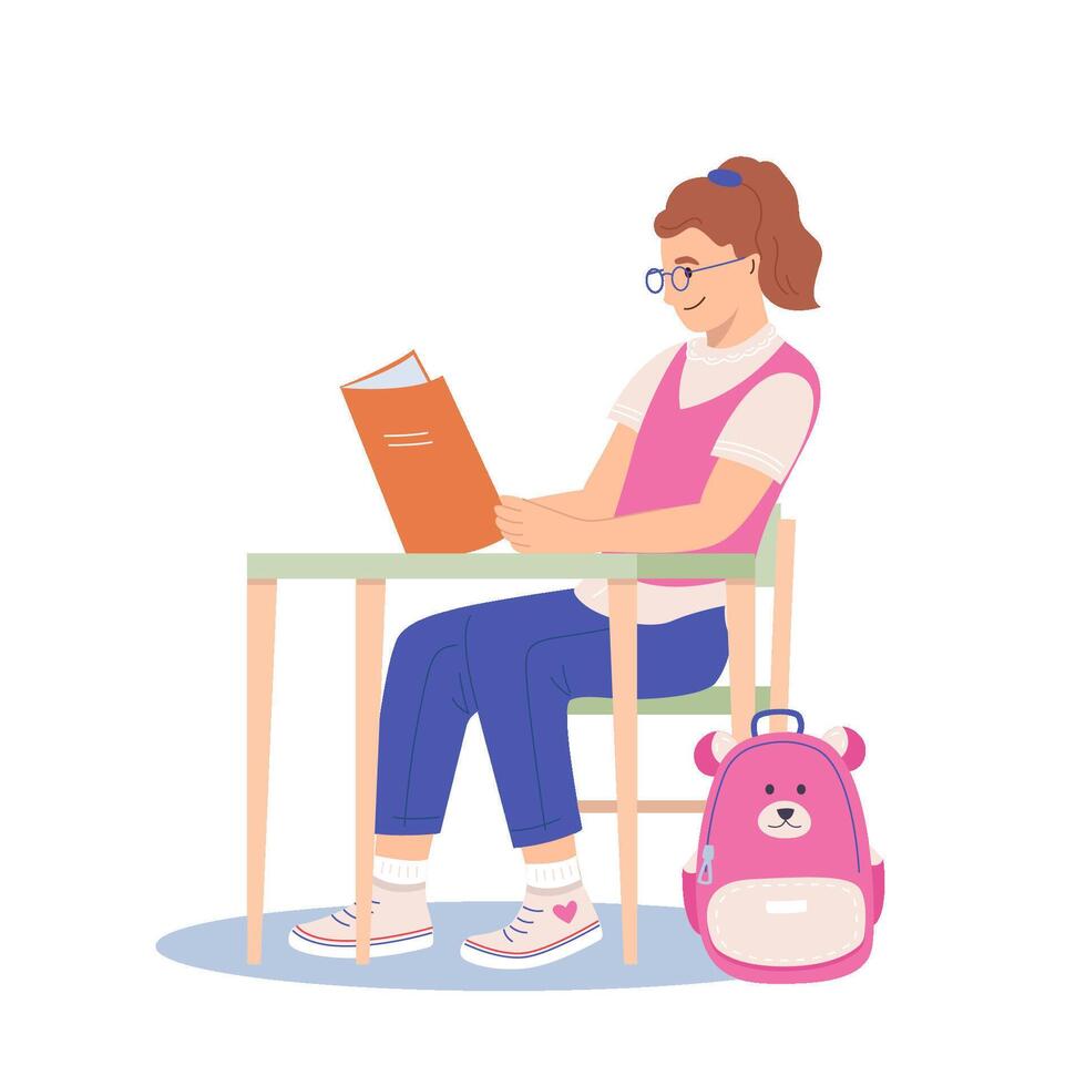 Schoolgirl in class or in an exam thinking about how to do her assignments. Smiling girl sitting at desk in classroom during lesson. Flat illustration on white background vector