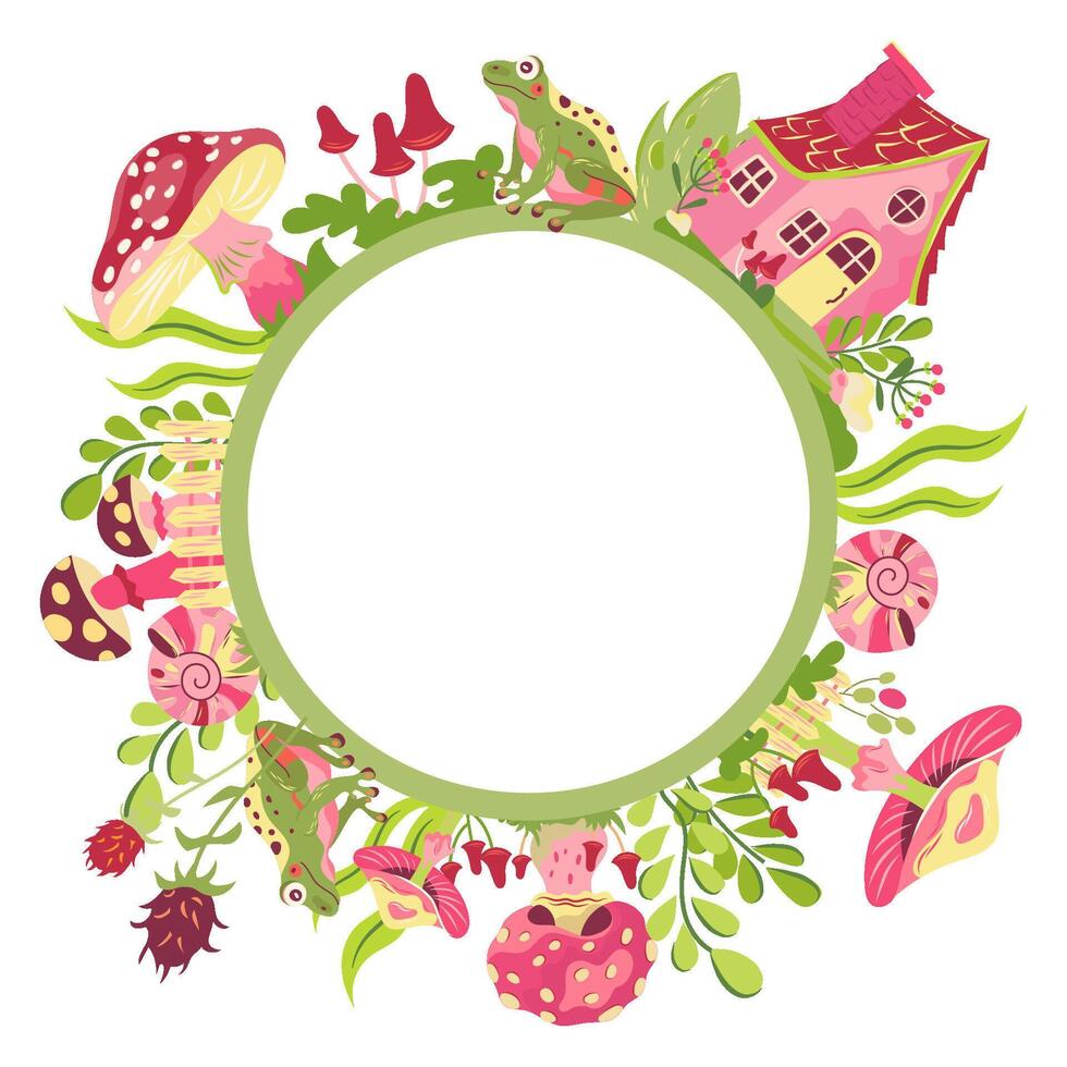 Cottagecore round frame with house, mushrooms, flowers. fairy tale with fly agaric in cartoon style. Forest magic illustration surreal design with fun cottage, fungi and toadstools vector