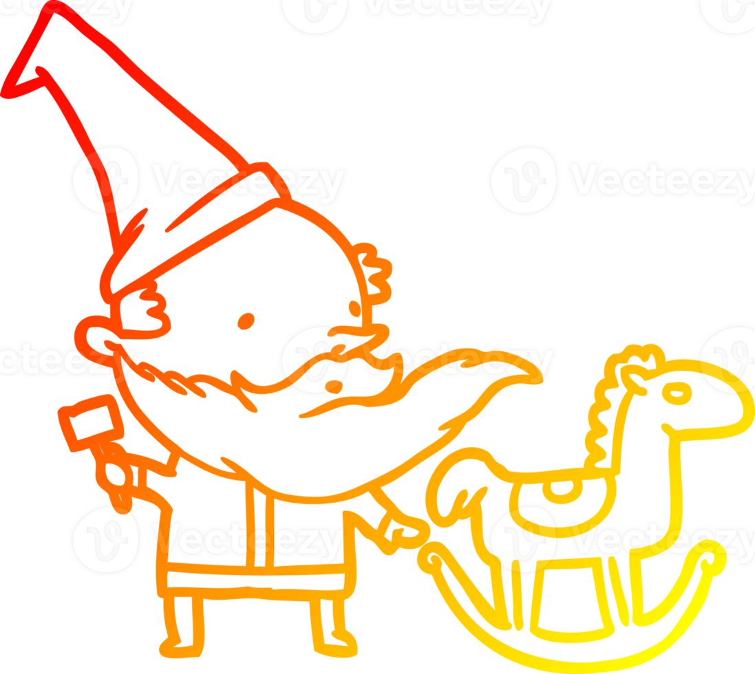 warm gradient line drawing of a santa or elf making a rocking horse png