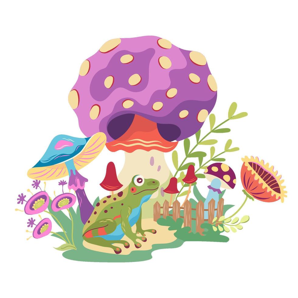 Cottagecore aesthetic composition with mushrooms and frog. fairy design with fly agaric in cartoon style. Cottage core style illustration surreal design with fun frog, fungi and toadstools vector